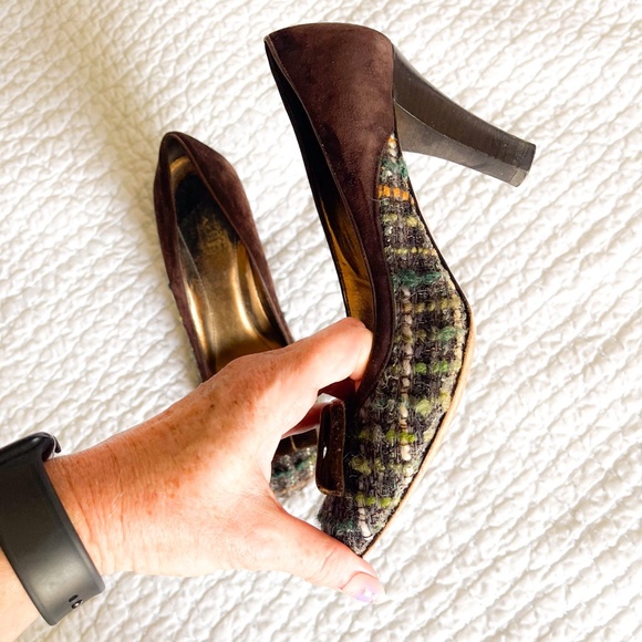 Coach Naomi Tweed Boucle  Plaid Suede Brown Velvet Bow Heels - Picture 9 of 12